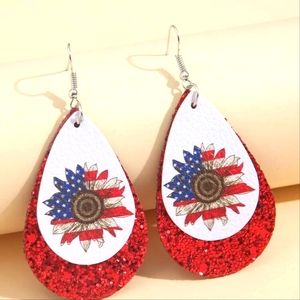 Patriotic Themed Sunflower Water Drop Earrings